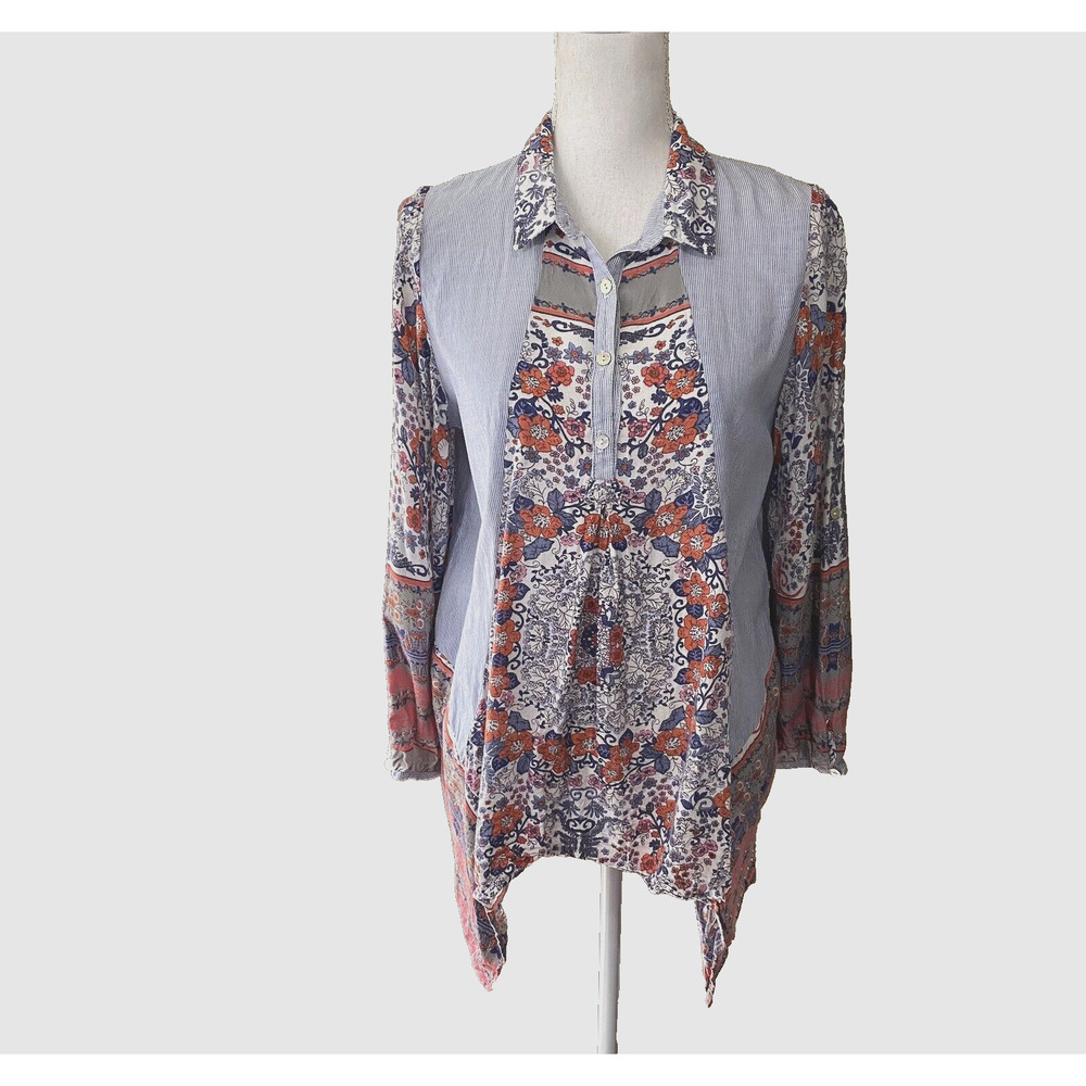 Ivy Jane Womens Sz M Top Blouse Blue Floral Asymmetrical Hem Roll Tab‎ Sleeve